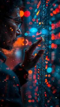 A man in glasses touches computer screen with finger photo