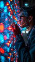 A man is gazing at a vibrant screen with illuminated lights photo
