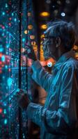 Elderly man in dark room watching futuristic entertainment on purple screen photo