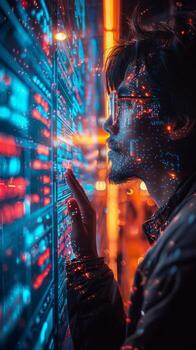 A man is focusing on a screen illuminated by numerous lights photo