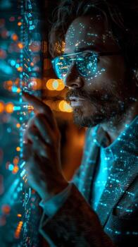 Man with beard and glasses staring at computer screen in dark, entertained photo