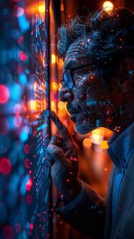 Futuristic concept of a man interacting with a digital interface in a cyberpunk city at night photo