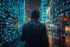 A man is standing in front of a wall covered in binary code photo