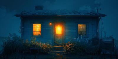 A small house with a light shining through the window at night, in the city photo