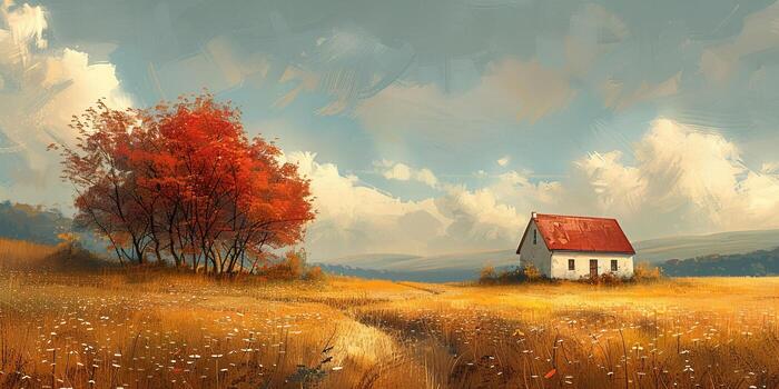 The image features a pixelated house surrounded by trees in a field photo