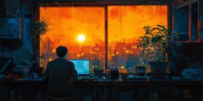 A man is sitting at a desk near a window, using a laptop photo