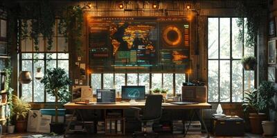 A large map of the world is displayed on the wall above the desk photo