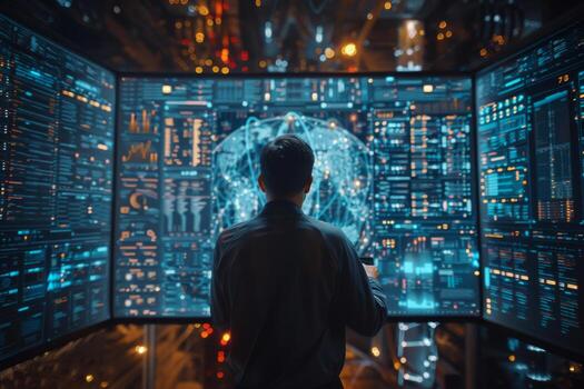 A man gazes at a computer screen displaying a globe photo
