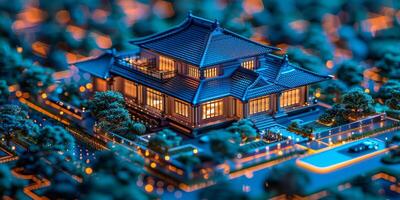 A nighttime aerial view of a house in the midst of a forest photo