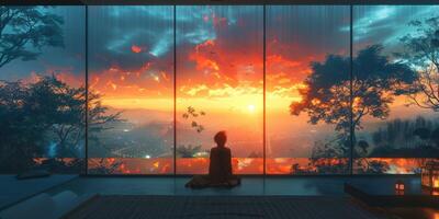 Person sits by a big window, gazing at the sunset photo