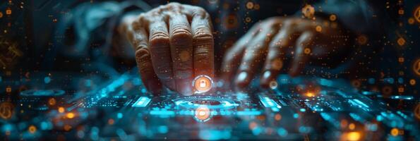 A person is using their thumb to press a button on a futuristic screen photo