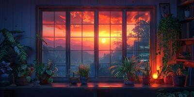A window displaying plants with the sunset in the background photo