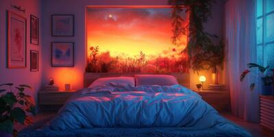 A bedroom with a bed and a window showing a sunset photo