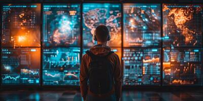 A man in headphones stands in front of computer monitors photo