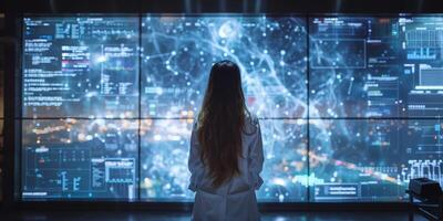 A woman is standing in front of a large computer screen photo