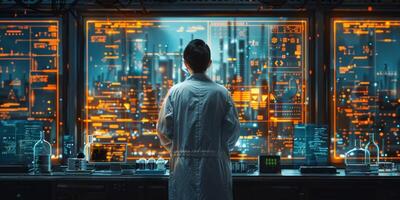 A scientist wearing a lab coat is examining data on a computer screen photo