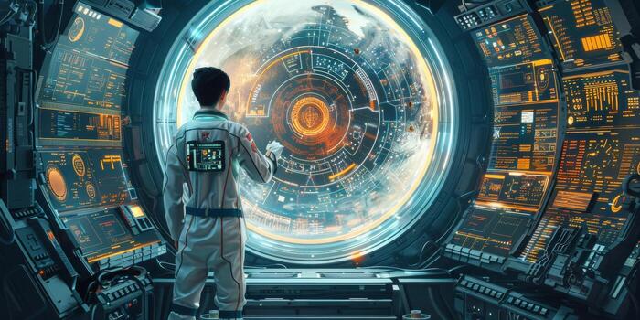 Man in space suit by futuristic window, gazing at Earth photo