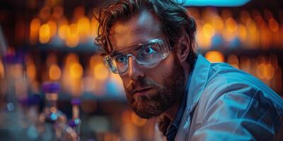 Man with a beard, glasses, lab coat in laboratory photo
