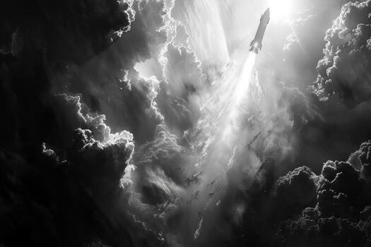 A rocket soars through clouds in a black and white photo