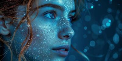 Image of a woman in a closeup, her face adorned with blue glitter photo