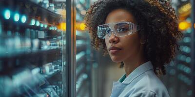 Woman in lab coat and goggles looking at computer screen photo