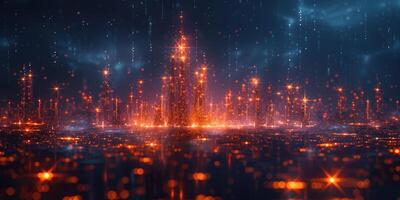 A futuristic city is illuminated with vibrant lights twinkling in the night sky photo