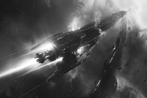 A grayscale photograph of a spaceship traveling in outer space photo