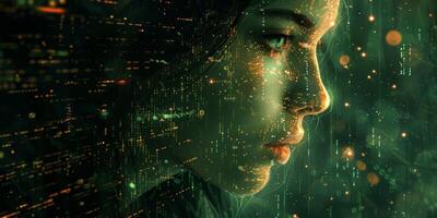 The womans face is illuminated by shimmering particles photo