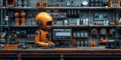 A 3D rendering of a robot sitting at a desk in a workshop photo