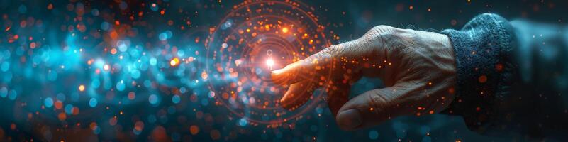 A person is pointing their finger towards a glowing circle photo