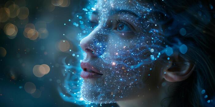 Closeup of womans face with glowing particles coming out photo