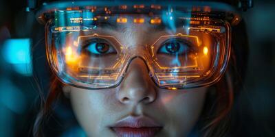 A woman in a VR headset, in a virtual environment photo