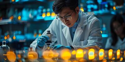A scientist examining samples in a lab using a microscope for research and experiments photo