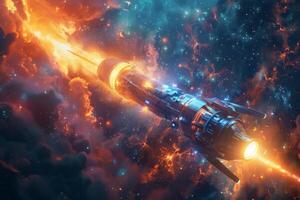 Spaceship Exploring Galaxy with Intense Light Trail in Space Fantasy Art photo