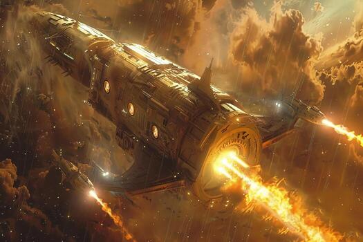 A space ship flying through clouds with fire out of it photo