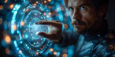 A man is interacting with a hightech display using his fingertip photo