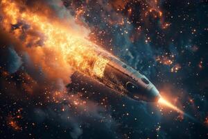 A rocket flying through space with flames and smoke photo