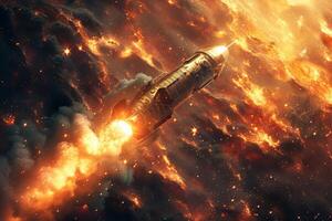 Rocket travels through fiery galaxy with atmospheric elements photo