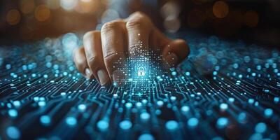 Persons hand touching digital padlock on circuit board photo