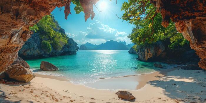 Pixel art of beach scene with sunlight filtering through trees photo