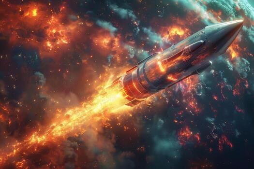 A rocket is flying through the atmosphere, leaving flames in its wake photo