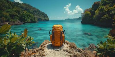 A yellow backpack is placed on a rock by the sea shore with a scenic ocean view photo