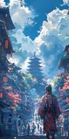 Pixel art of a samurai in front of a tall building photo