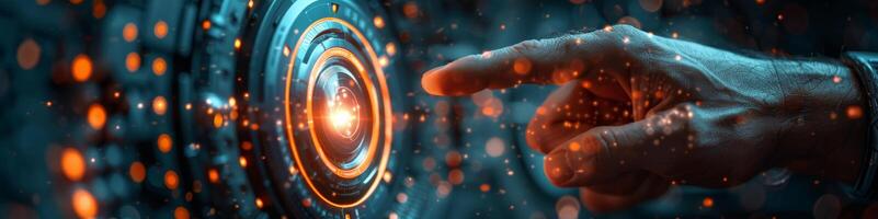 In the image, a hand pushes a button surrounded by a glowing circle photo