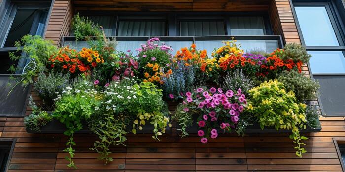 un hermosa balcón adornado con numeroso vibrante flores y plantas foto