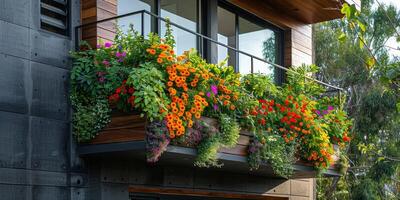 Balcony with flowers and plants makes a beautiful green space on a building photo