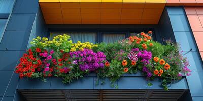 A colorful window box filled with flowers on the side of a building photo