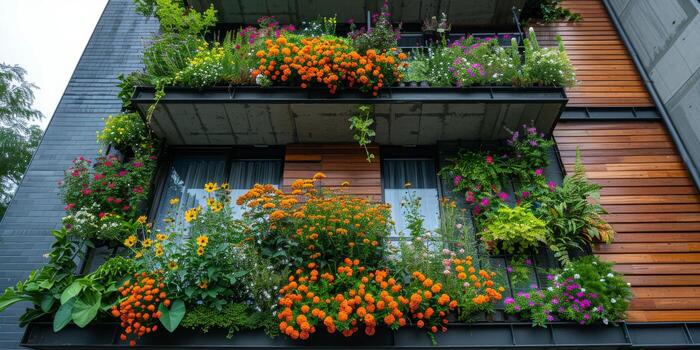 un edificio con un balcón decorado con flores y plantas foto