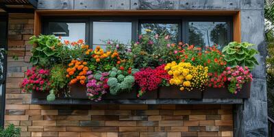 A window box filled with an abundance of vibrant flowers photo