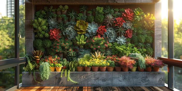 un pared adornado con muchos en conserva plantas y flores en un balcón foto